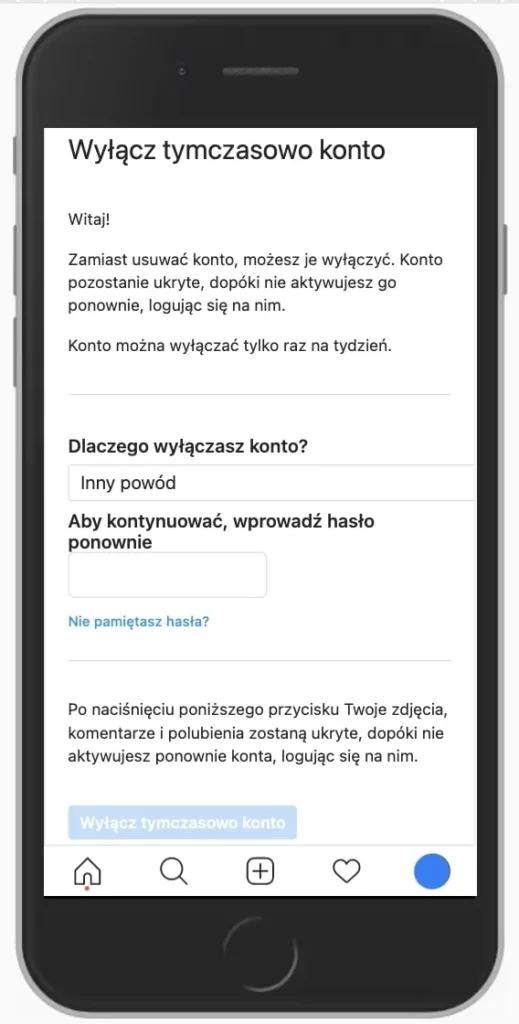 Tymczasowe wyłączenie konta na IG